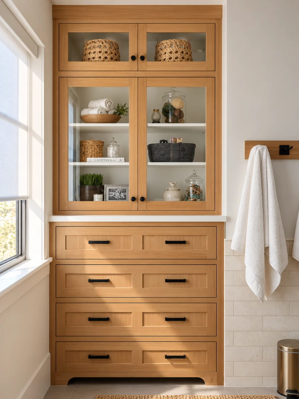 Oak linen cabinet with glass