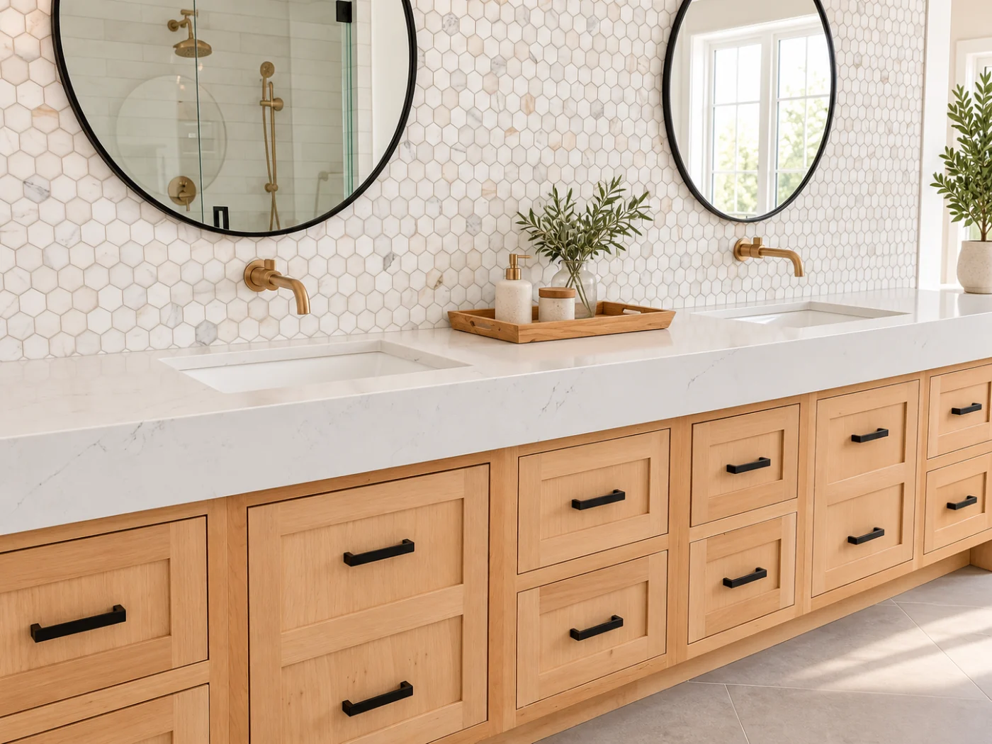 Double-sink oak vanity