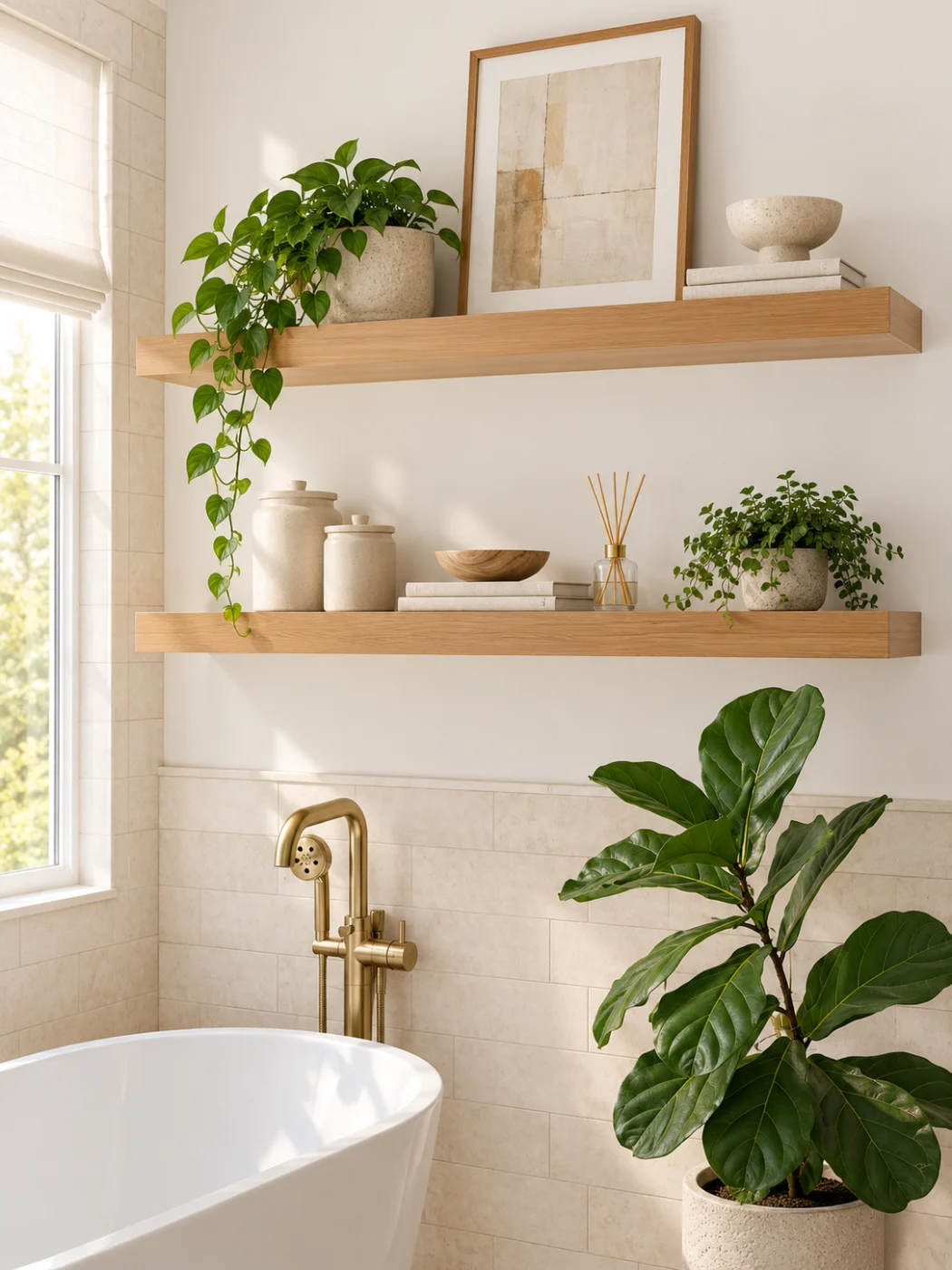Floating shelves by the tub