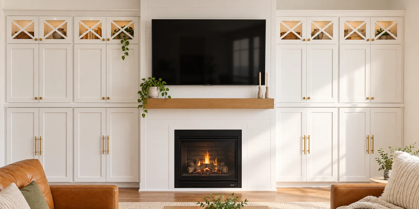 Fireplace wall with X-glass doors