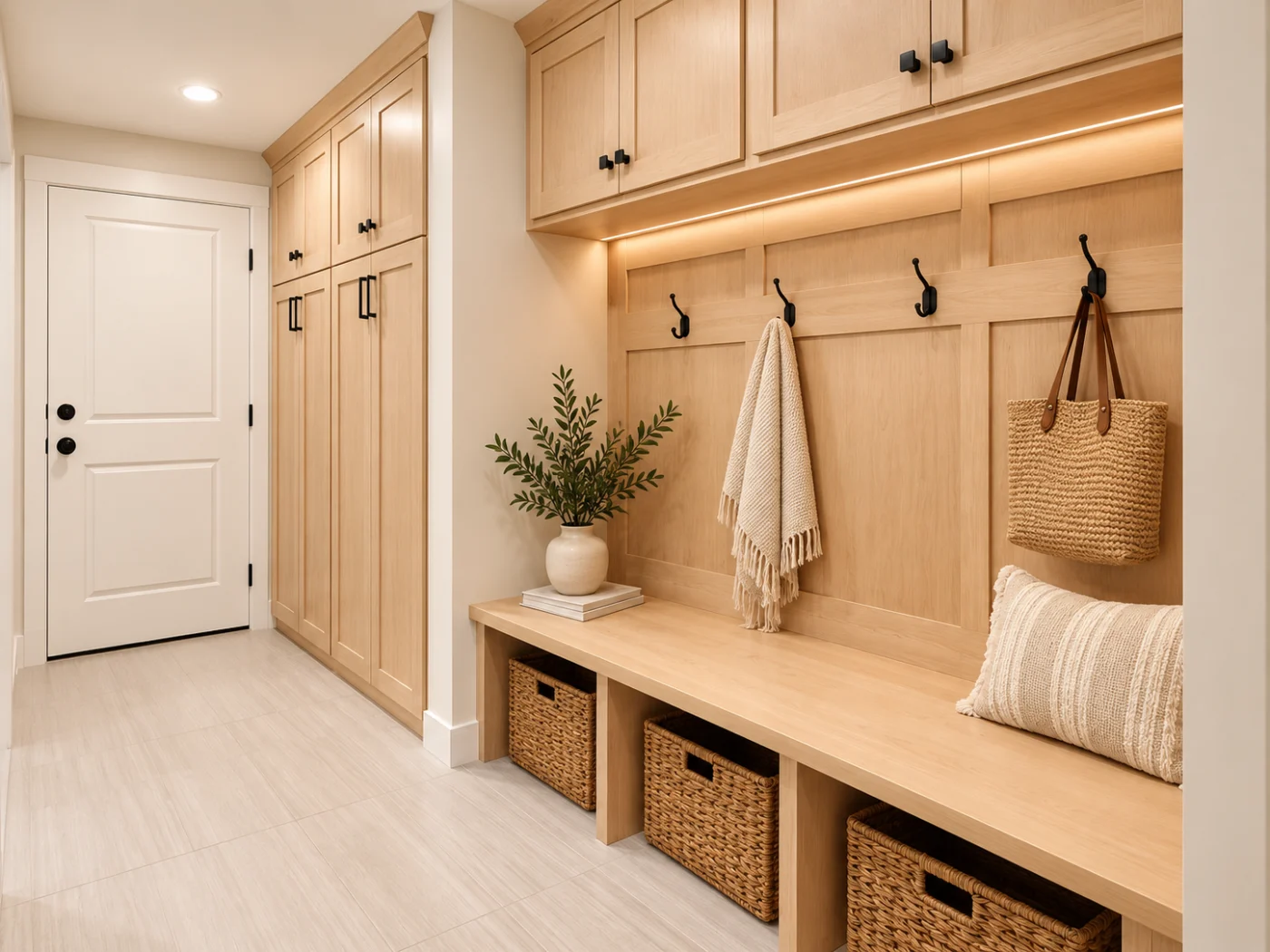 Mudroom bench with hooks and baskets