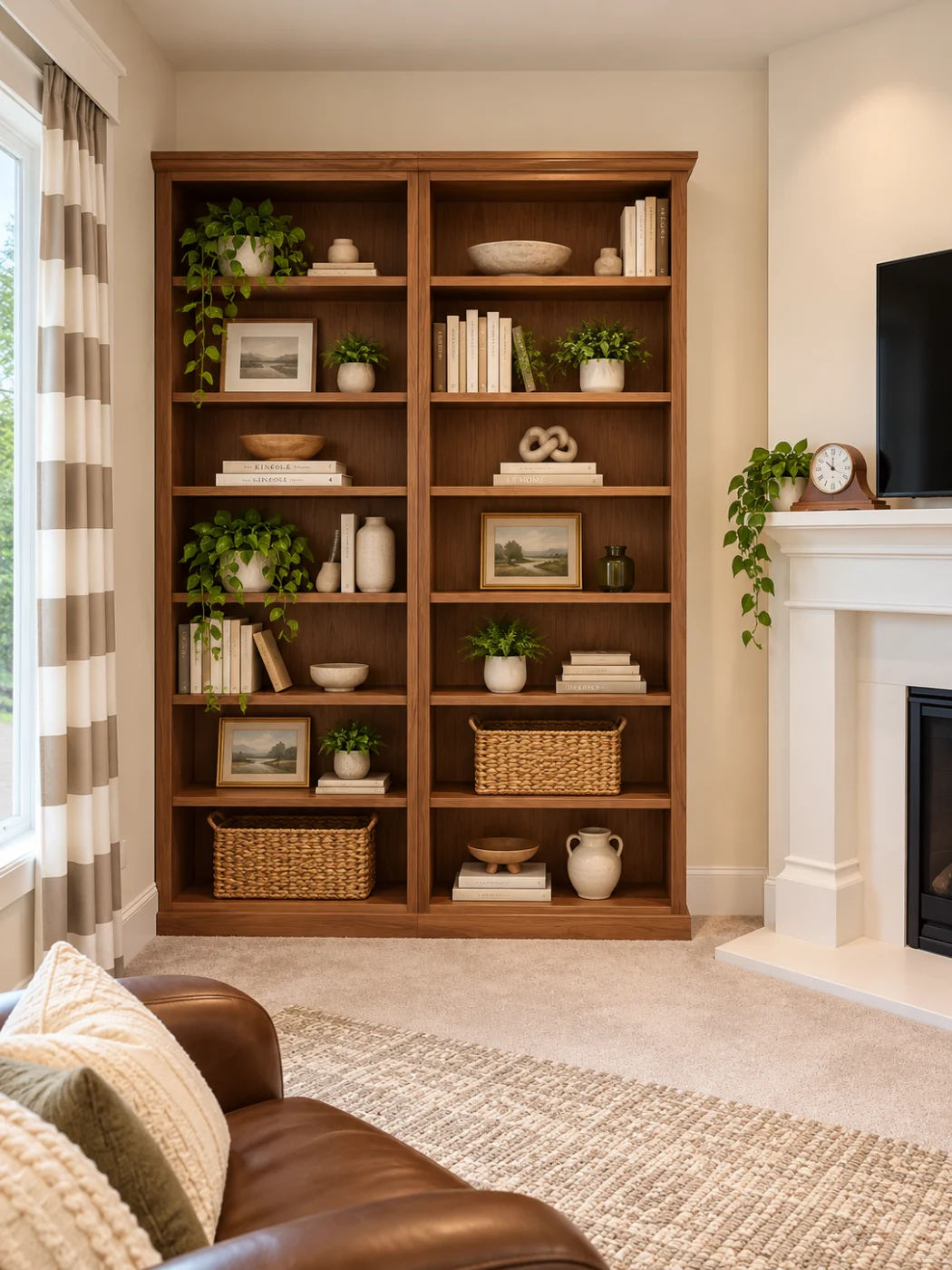 Bookcase beside the fireplace