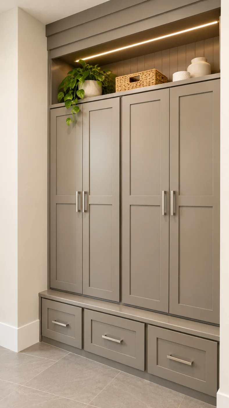 Tall greige lockers with drawers